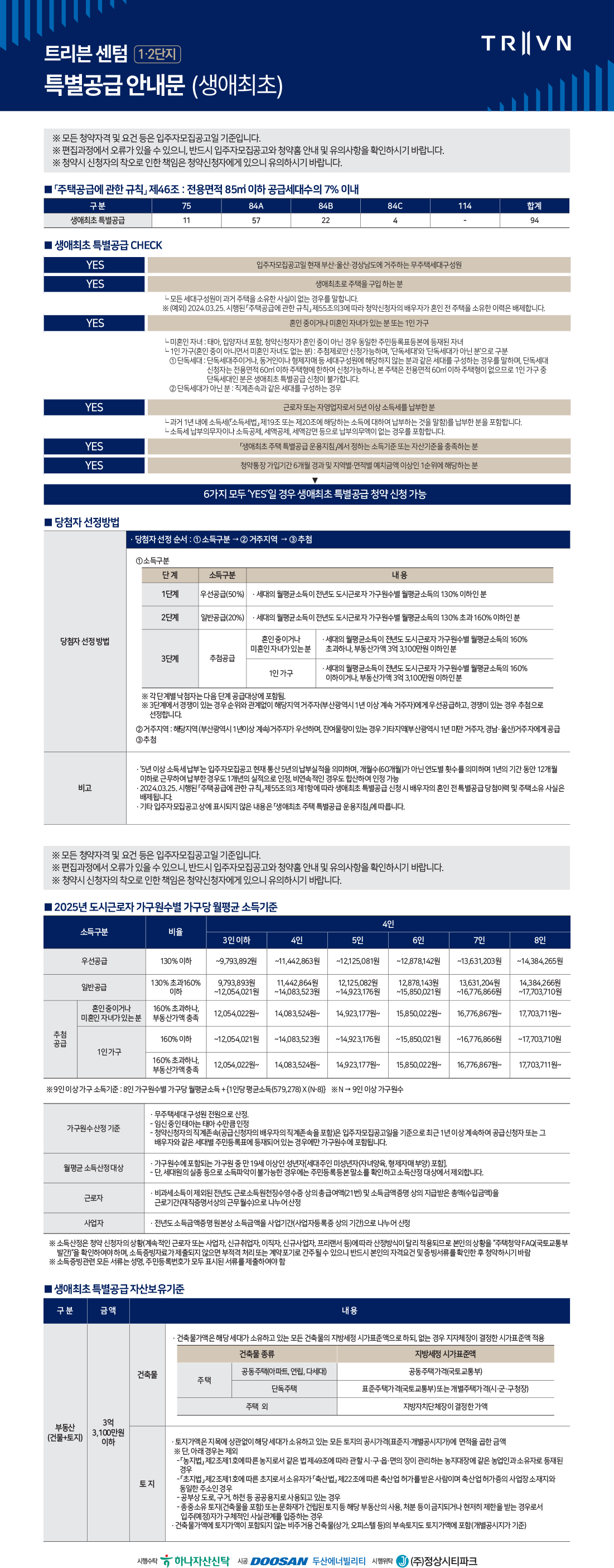 트리븐 센텀 1·2단지 특별공급 안내문 (생애최초)
