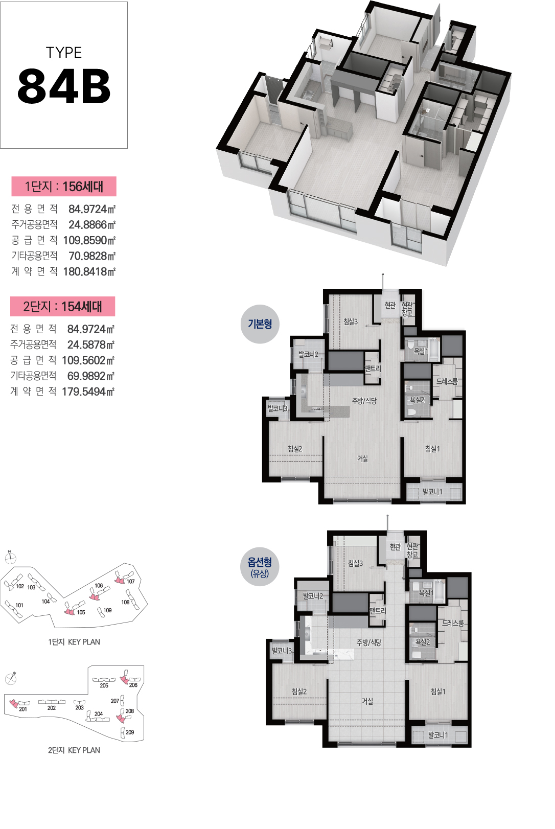 84B타입 세대 평면도와 단지별 세대수·면적표, 1단지·2단지 KEY PLAN